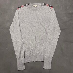 Burberry Brit Men's Grey Crew Neck Sweater XL Cotton Cashmere Plaid‎ Detail